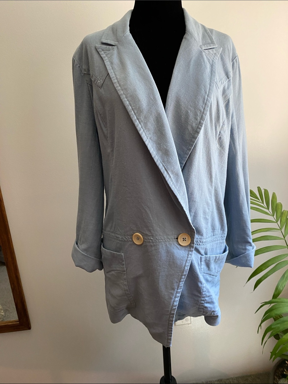Plenty by Tracy Reese Light Powder Blue Double-Button Relaxed Linen Blend Blazer
